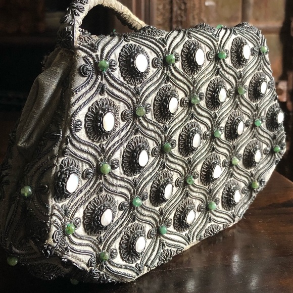 Vintage Silk, Natural Emeralds & Natural Baby Pearls Handbag ♥️ - Picture 15 of 16